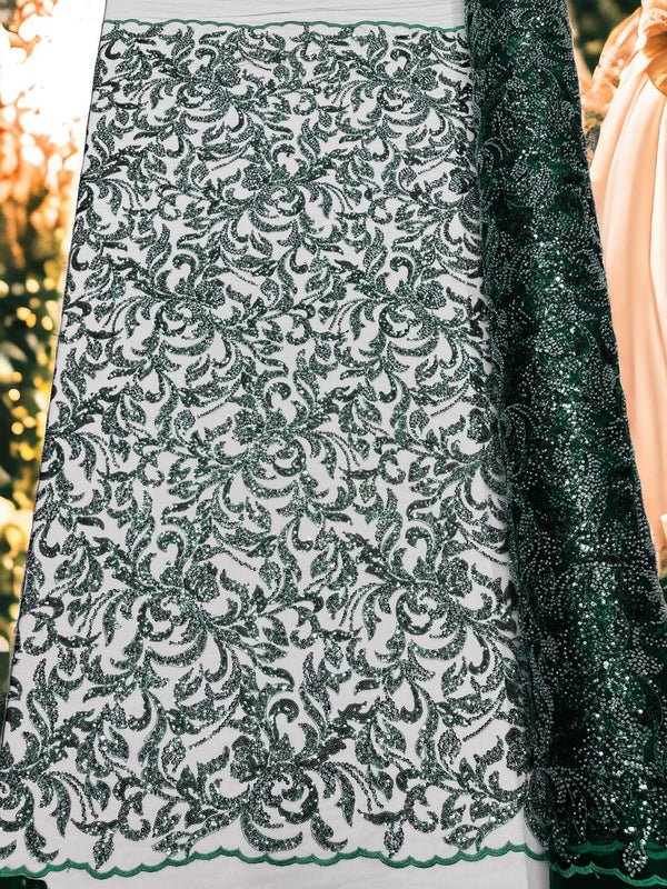 Beaded Flower Leaf Fabric - Hunter Green - Shiny Beads and Sequins in Flower Design on Lace by Yard