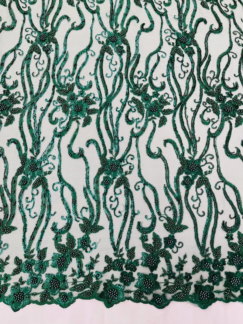 Small Flower Bead Fabric - Hunter Green - Beaded Flower Fabric with Curled Lines Design By Yard