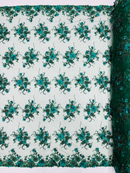 3D Flower Sequins Design - Hunter Green - Embroidered Pearl Sequins Floral Clusters Lace Fabric By Yard