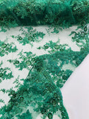 Beaded Flower Sequins Fabric - Hunter Green - Embroidered Beaded Floral Clusters Sequins Fabric By Yard