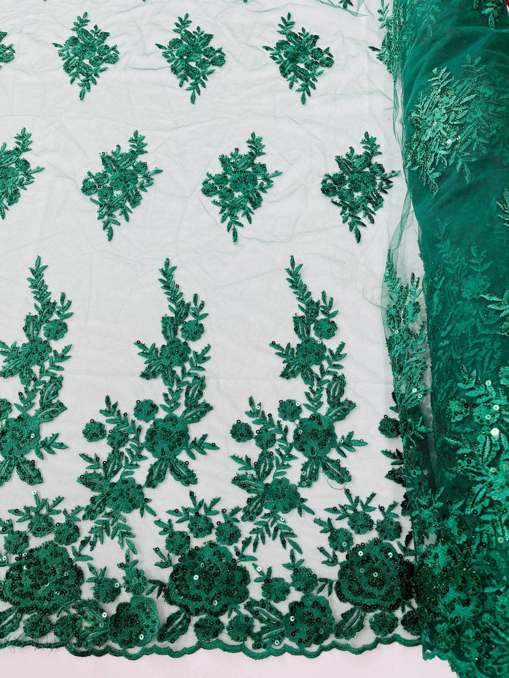 Beaded Rose Flower Fabric - Hunter Green - Embroidered Beaded Long Border Floral Fabric By Yard
