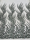 Fancy Wavy Leaf Bead Fabric - Hunter Green - Leaf Line Beaded Design Embroidered Mesh By Yard