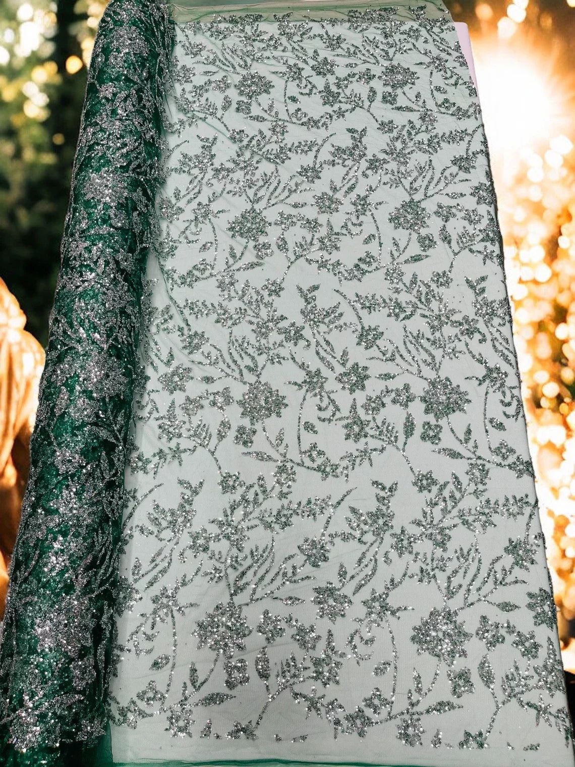 Floral Silver Beaded Fabric - Hunter Green - Flower Design with Silver Beads and Sequins on Lace by Yard