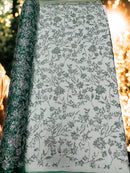 Floral Silver Beaded Fabric - Hunter Green - Flower Design with Silver Beads and Sequins on Lace by Yard