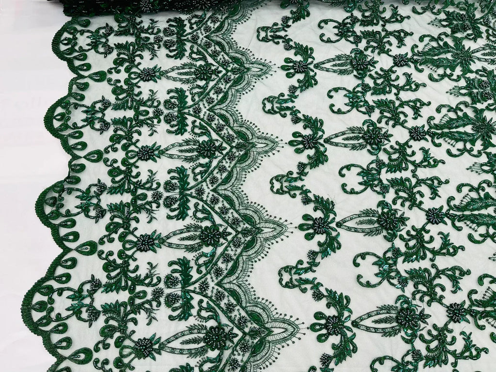 Damask Bead Fabric - Hunter Green - Embroidered Glamorous Fabric with Round Beads Sold By Yard