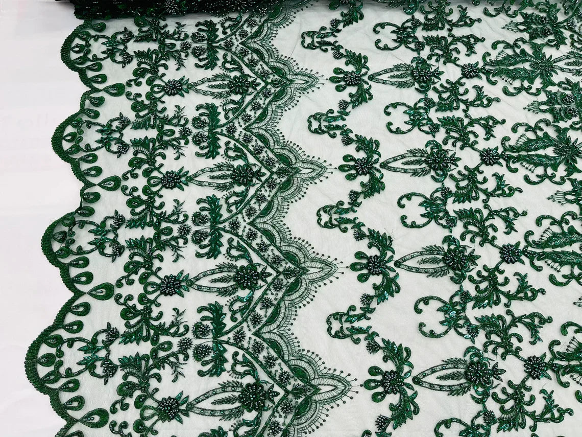 Damask Bead Fabric - Hunter Green - Embroidered Glamorous Fabric with Round Beads Sold By Yard