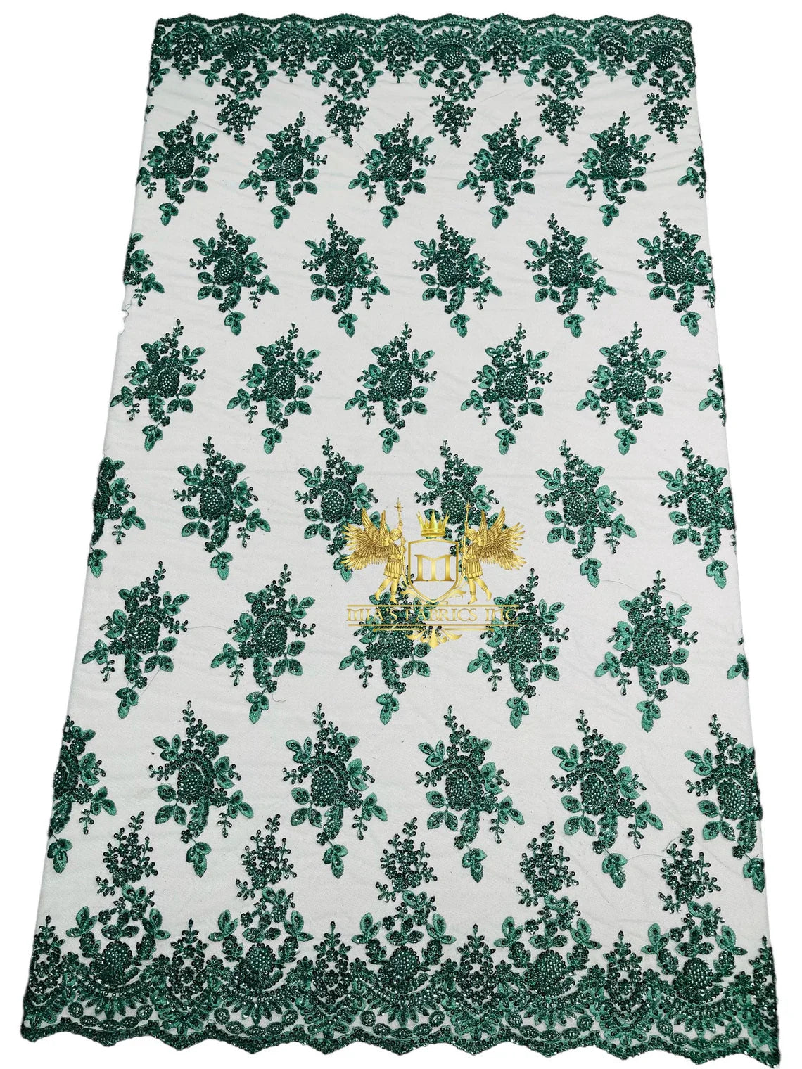 Floral Beaded Fabric - Hunter Green - Embroidered Beaded Flowers Cluster Design on a Mesh Sold By Yard