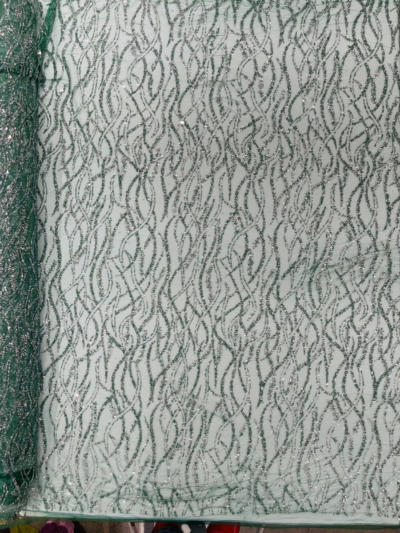 Glitter Wavy Bead Fabric - Hunter Green - Sequins, Bead, Glitter Design on Lace Fabric By Yard