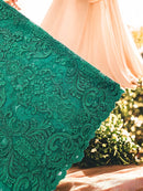 King Lace Pattern Fabric - Hunter Green - Embroidered Sequins on Lace Mesh Fabric By Yard