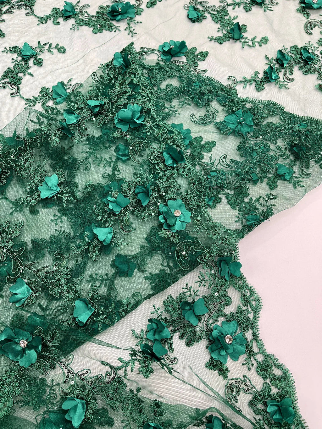 3D Lace Flower Fabric - Hunter Green - Embroidered Sequins and 3D Floral Patterns on Lace By Yard