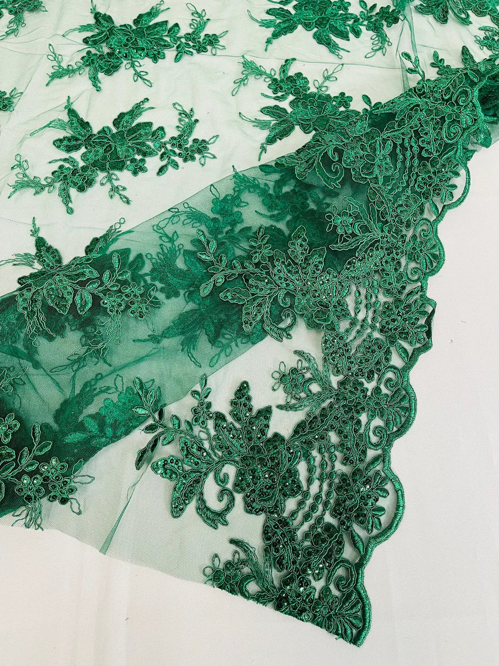 Floral Plant Lace Fabric - Hunter Green - Flower Plant Design Lace Sequins Fabric Sold By Yard