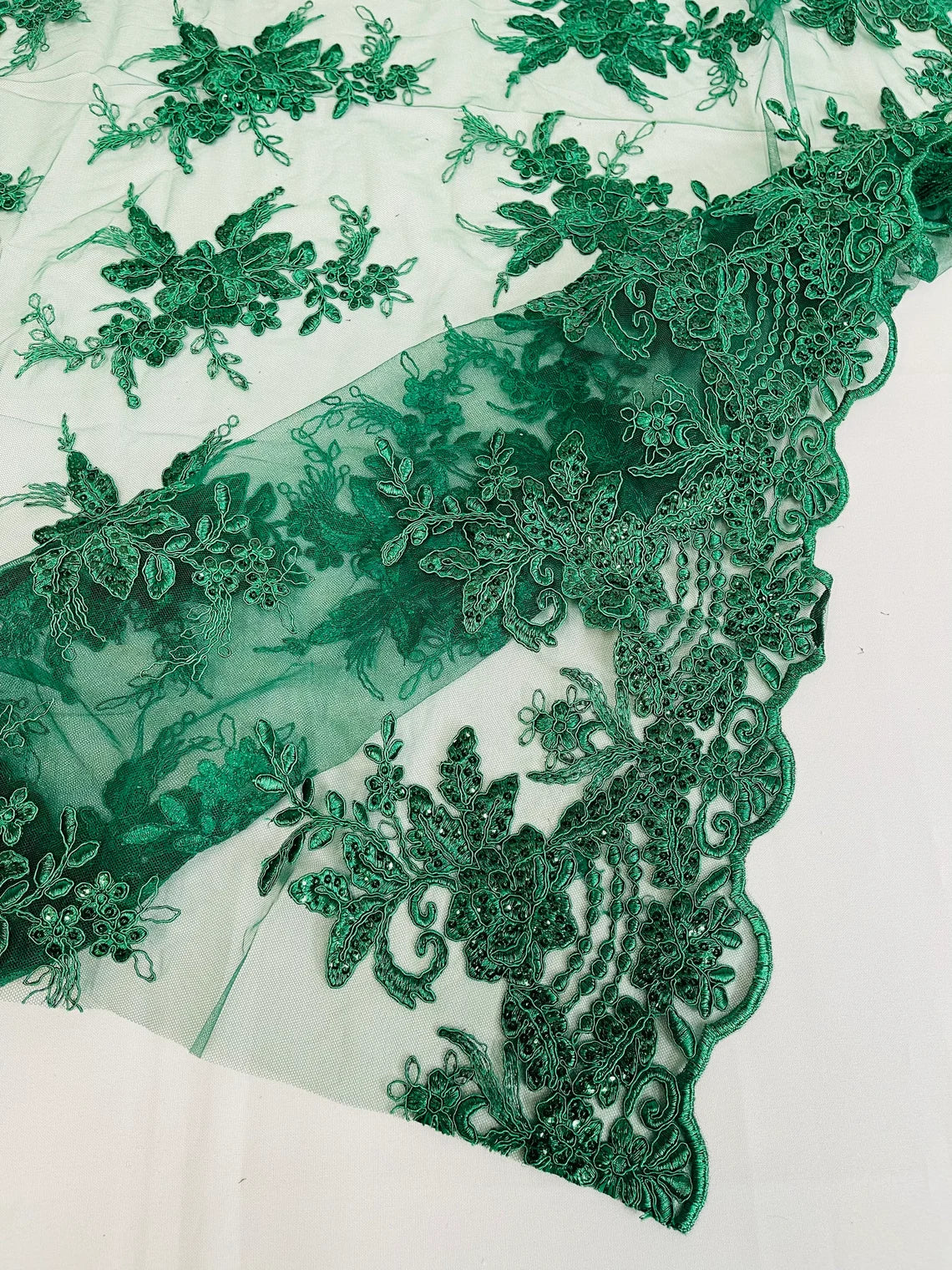 Floral Plant Lace Fabric - Hunter Green - Flower Plant Design Lace Sequins Fabric Sold By Yard