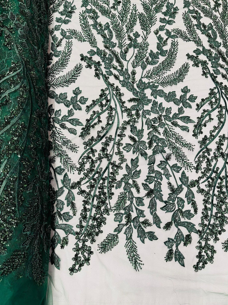 Floral Leaf Bead Sequins Fabric - Hunter Green - Leaf Nature Beaded Sequins Lace Fabric by The Yard