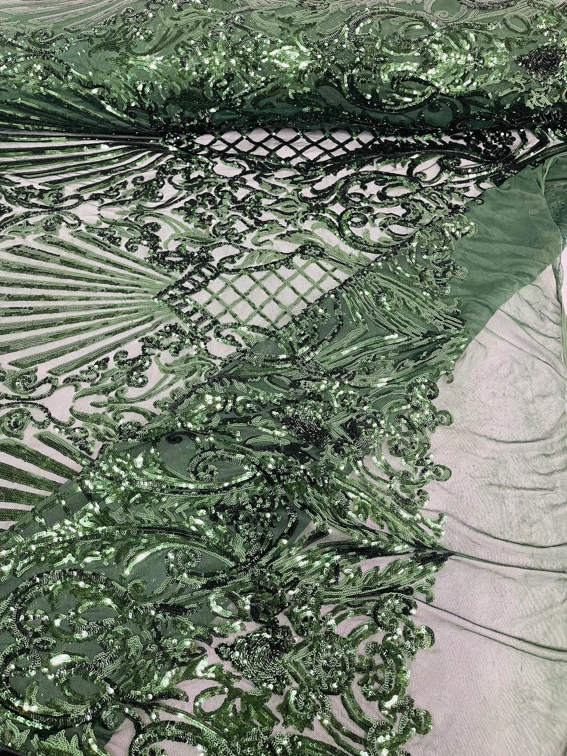 Damask Geometric Sequins - Hunter Green - 4 Way Stretch Sequins Damask Pattern Design Sold By Yard