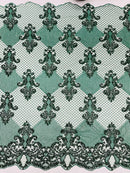 King Damask Design Fabric - Hunter Green - Embroidered Corded Mesh Lace Fabric with Sequins By Yard