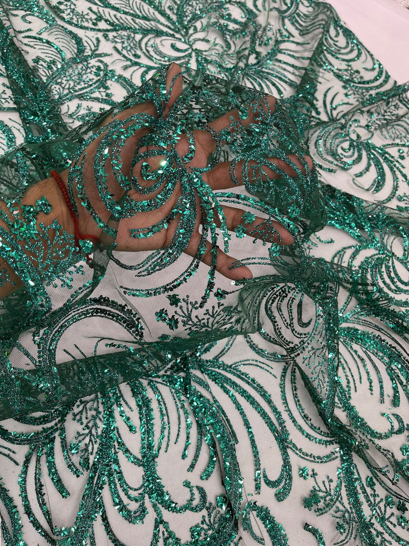 Glitter Palm Leaf Design Fabric - Hunter Green - Tulle Mesh Glitter Leaf Design Fabric Sold By Yard