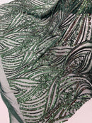 Curvy Line Design Fabric - Hunter Green - 4 Way Stretch Sequins Design Mesh Lace Fabric by Yard