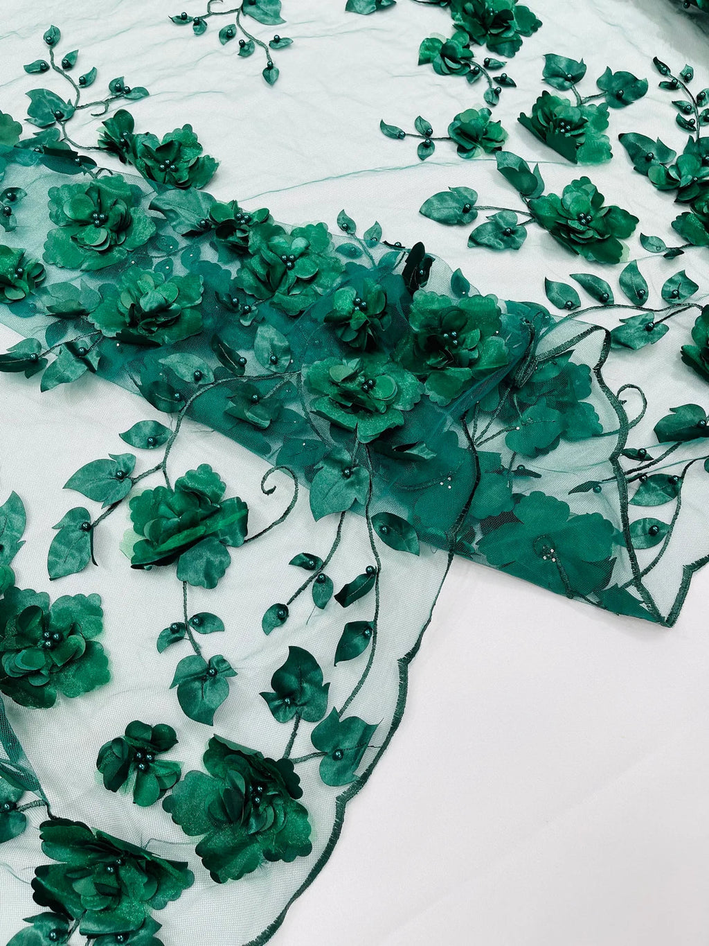 3D Floral Pearl Fabric - Hunter Green - Embroidered Floral Pearl Fabric Double Border On Mesh By Yard