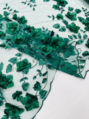 3D Floral Pearl Fabric - Hunter Green - Embroidered Floral Pearl Fabric Double Border On Mesh By Yard