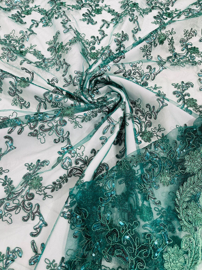 Floral Sequins Lace Fabric - Hunter Green - Embroidery Flower Clusters Design with Shiny Sequins  Fabric Sold By Yard