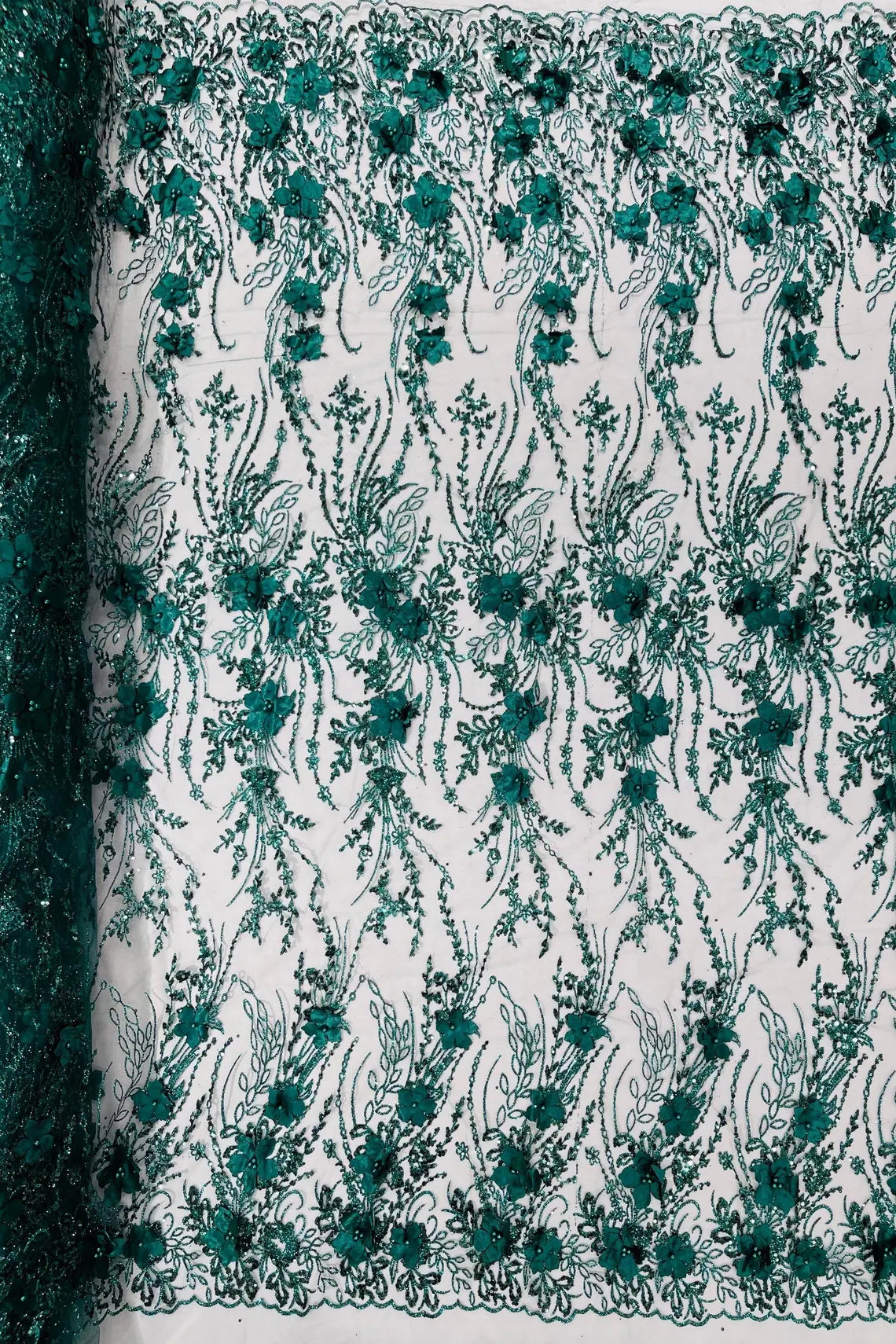 3D Glitter Floral Design Fabric - Hunter Green - Floral Line Design Embroidered Sequins Fabric by Yard
