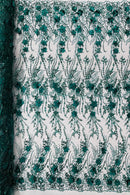 3D Glitter Floral Design Fabric - Hunter Green - Floral Line Design Embroidered Sequins Fabric by Yard