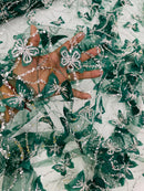 3D Butterfly Beaded Fabric - Hunter Green - Beaded Sequins Butterfly Embroidered Fabric By Yard