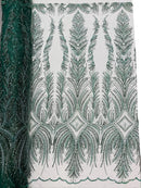 Beaded Lines Fabric - Hunter Green - Luxury Beads and Sequins Line Design Fabric By Yard