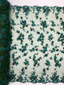 Multi-Color 3D Flower Fabric - Hunter Green - Multi-Tone 3D Flower Lace Fabrics Sold By Yard