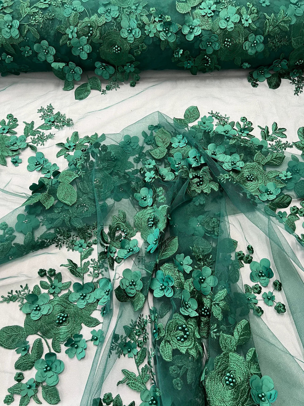 Floral 3D Rose Fabric - Hunter Green - Embroided Rose Flower Design Fabric Sold by Yard