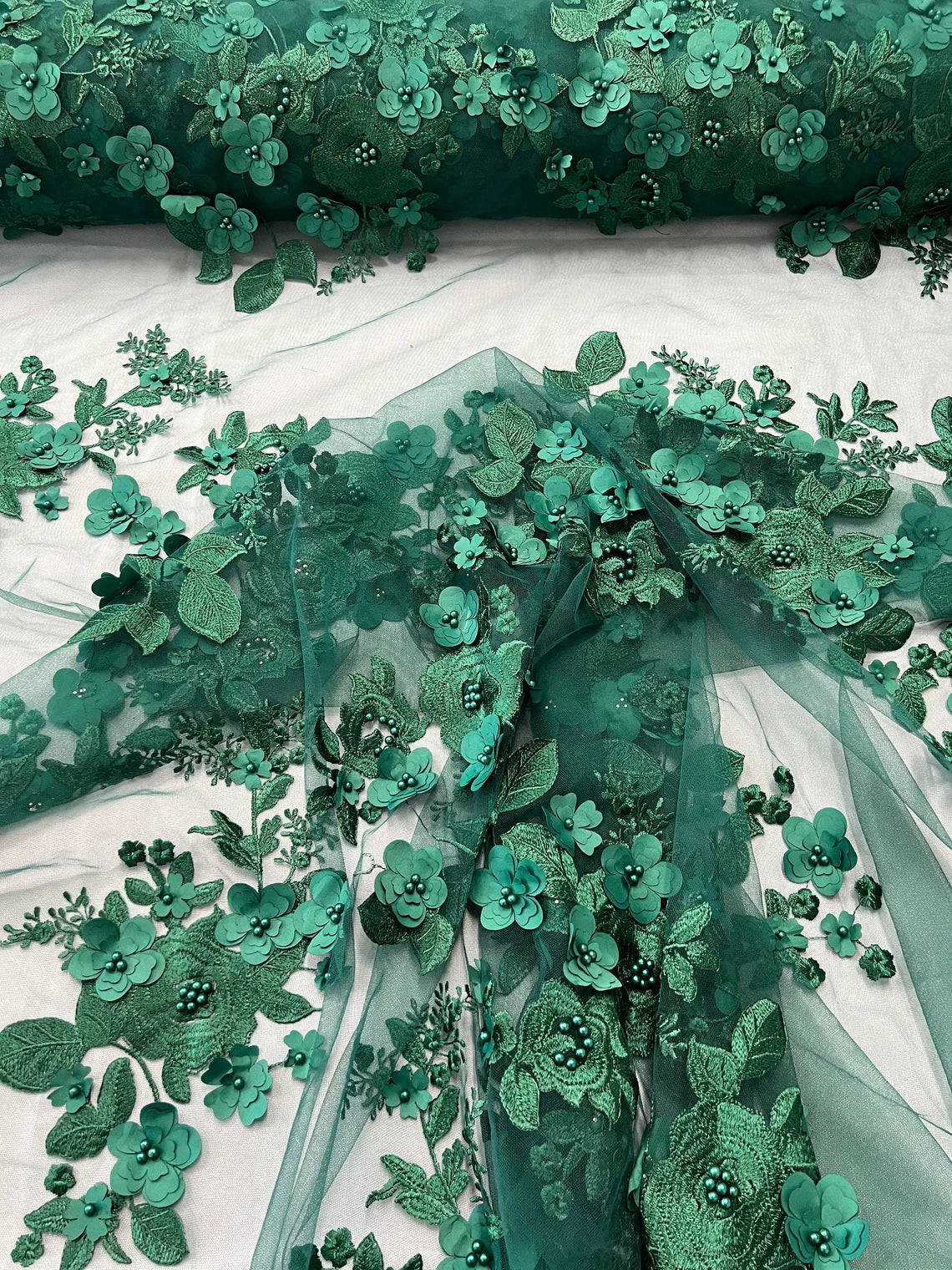 Floral 3D Rose Fabric - Hunter Green - Embroided Rose Flower Design Fabric Sold by Yard