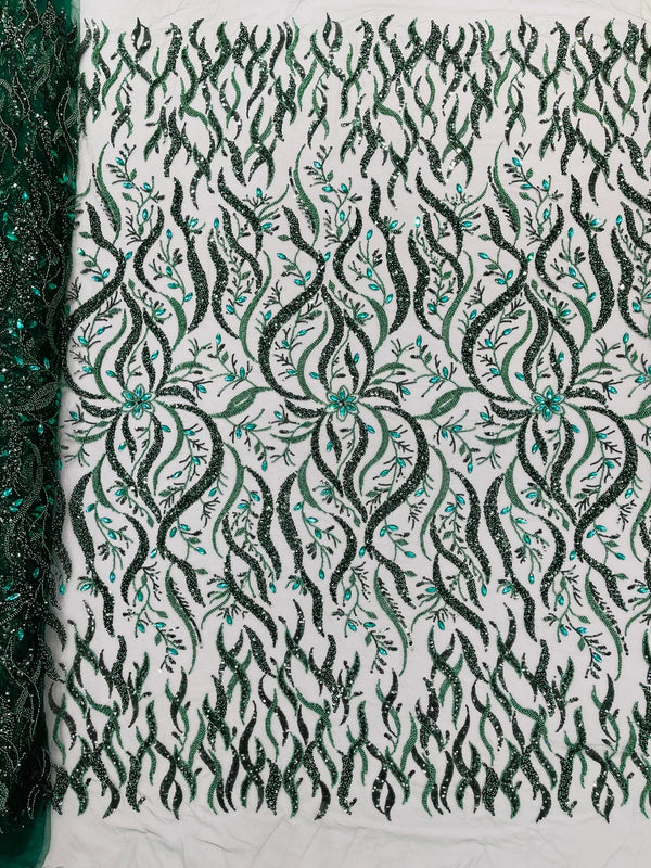 Wavy Leaf / Floral Bead Fabric - Hunter Green - Beaded Rhinestone Embroidered on a Mesh By Yard