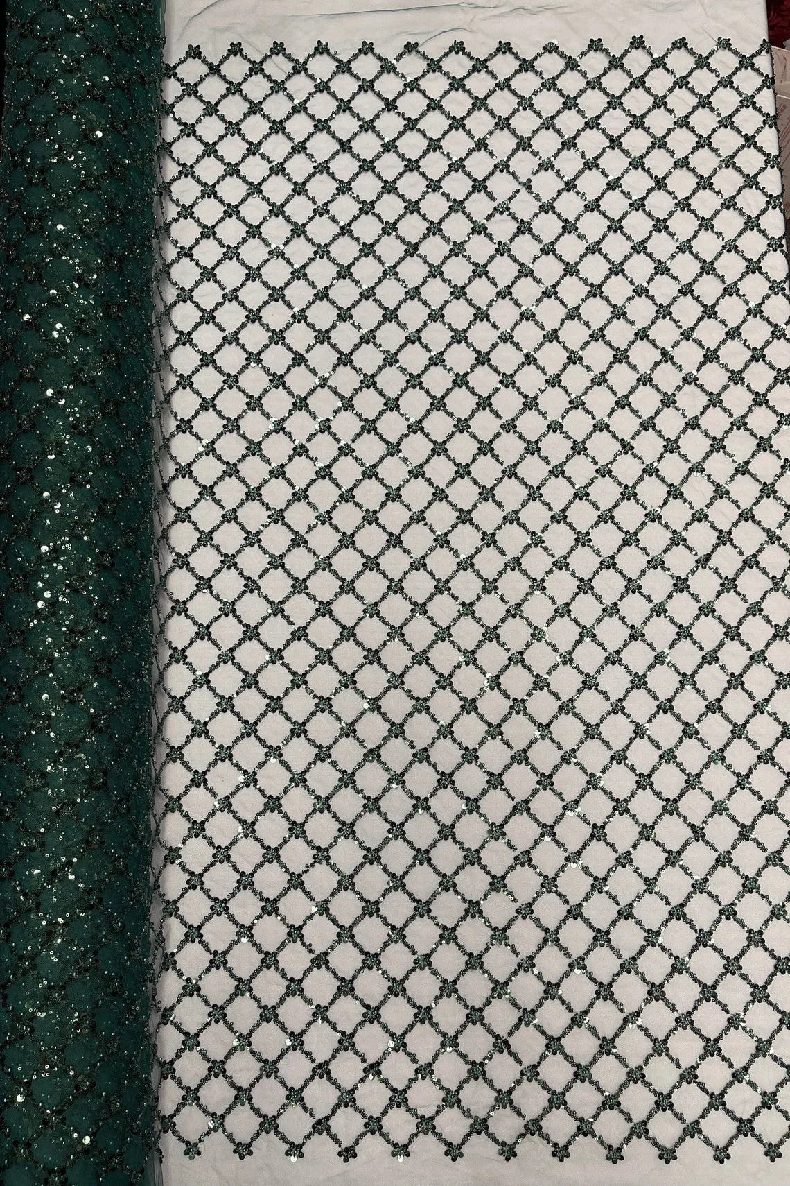 Beaded Diamond Net Fabric - Hunter Green - Embroidered Geometric Beaded Sequins Fabric Sold By Yard