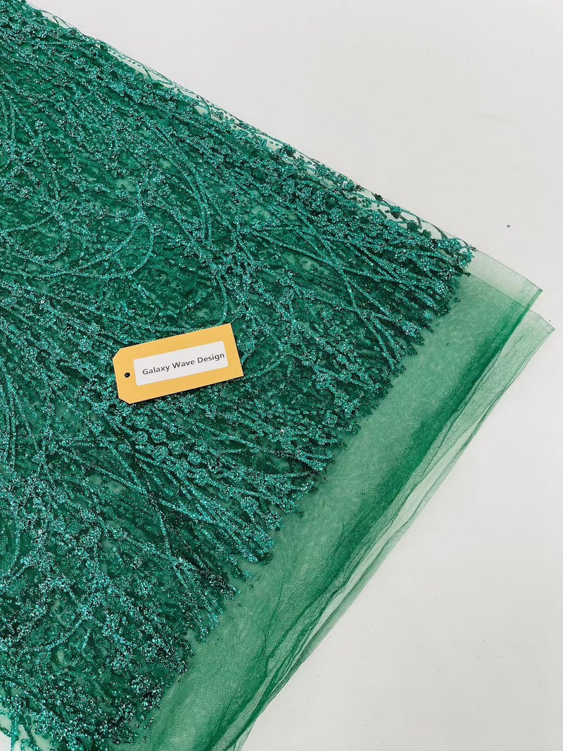 Tulle Glitter Fancy Line Fabric - Hunter Green - Tulle Fabric with Sparkle Glitter Design Sold By Yard