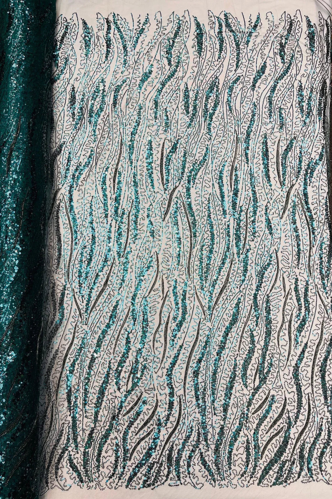 Wavy Design Beaded Fabric - Hunter Green