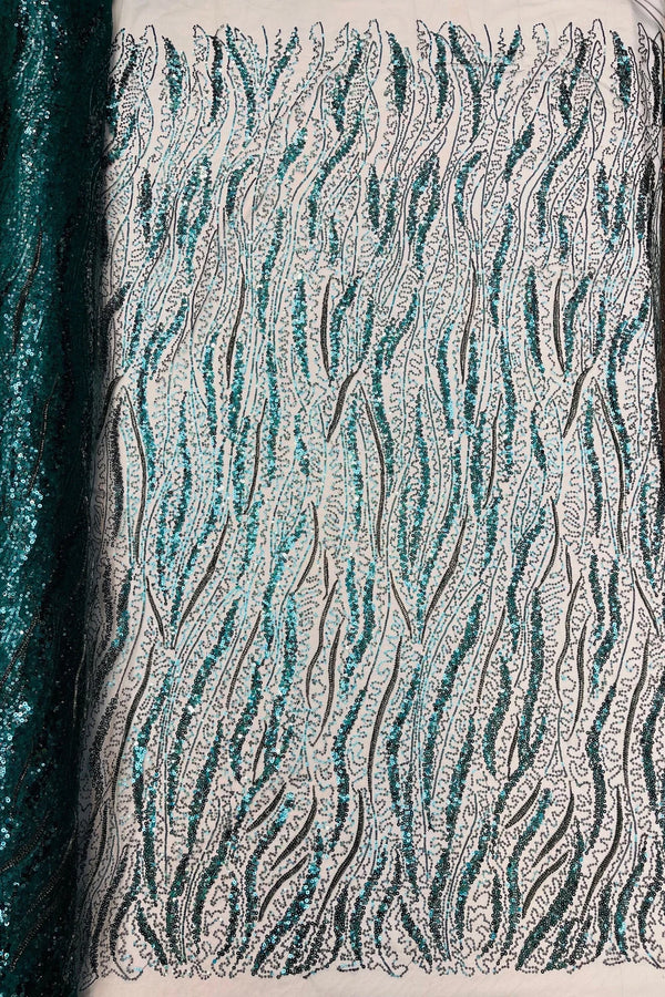 Wavy Design Beaded Fabric - Hunter Green - Beaded Wavy Leaf Embroidered Fabric By Yard