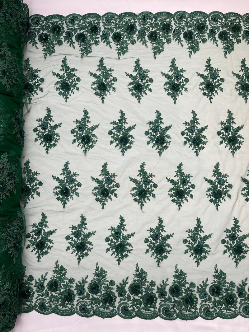 3D Floral Fabric with Floral Border - Hunter Green - Embroidered Floral Fabric with Sequin and Beads By Yard