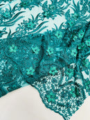 3D Floral Leaf Panels - Hunter Green - Embroidered 3D Flower Lines with Pearls on Lace By Yard