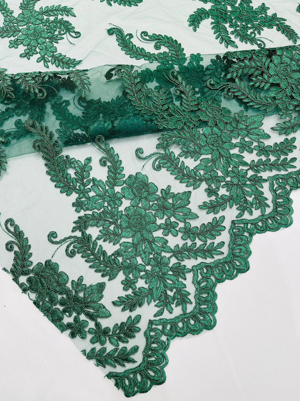 Long Leaf Designs Lace Fabric - Hunter Green - Embroidered Braid Leaf Pattern on Lace Mesh Fabric By Yard