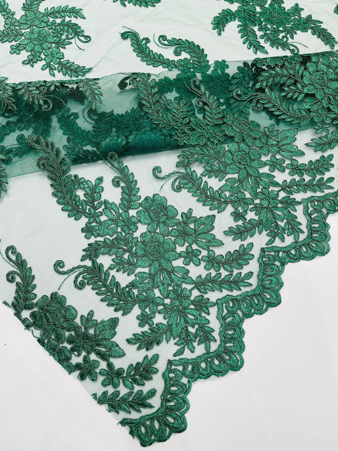 Long Leaf Designs Lace Fabric - Hunter Green - Embroidered Braid Leaf Pattern on Lace Mesh Fabric By Yard