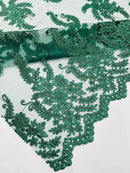 Long Leaf Designs Lace Fabric - Hunter Green - Embroidered Braid Leaf Pattern on Lace Mesh Fabric By Yard