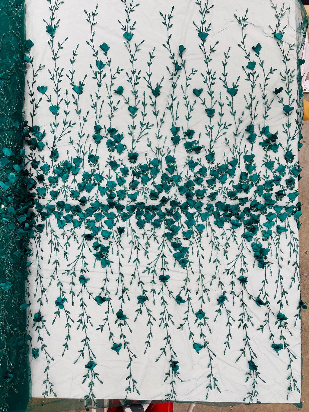 3D Flower Glitter Fabric - Hunter Green - Flower Design on Glitter Mesh Fabric Sold By Yard