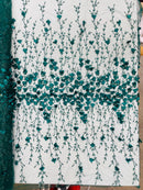 3D Flower Glitter Fabric - Hunter Green - Flower Design on Glitter Mesh Fabric Sold By Yard