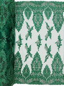 Heavy Bead Floral Fabric - Hunter Green - Beaded Flower Design Fabric Fancy Border By Yard