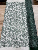 Beaded Swirl Design Fabric - Hunter Green - Swirl Design with Beads and Sequins on Lace by Yard