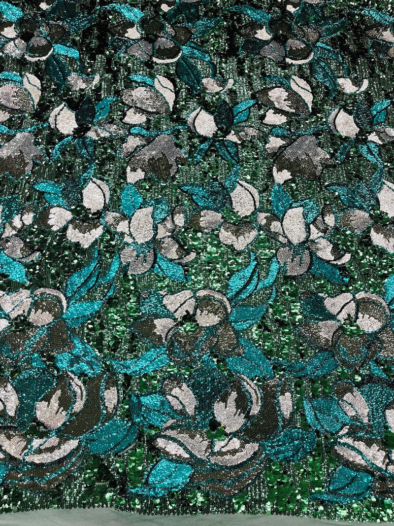 Orchid Design Sequins - Hunter Green - 4 Way Stretch Full Sequins Floral Design Mesh Fabric By Yard