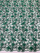 Small Flower Sequins Lace Fabric - Hunter Green - Embroidered Floral Pattern Fabric with Sequins on Lace By Yard