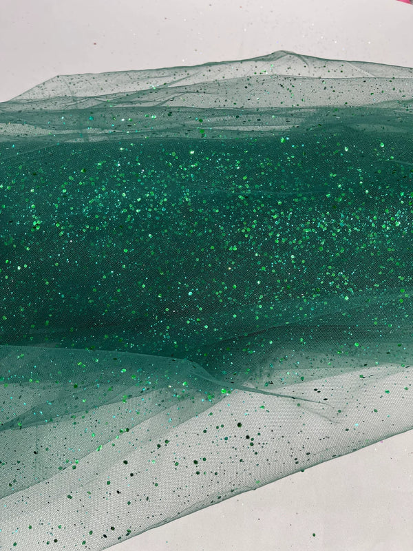 Sparkling Glitter Tulle Fabric - Hunter Green - Sparkling Glitter Tulle Mesh Fabric Sold By Yard