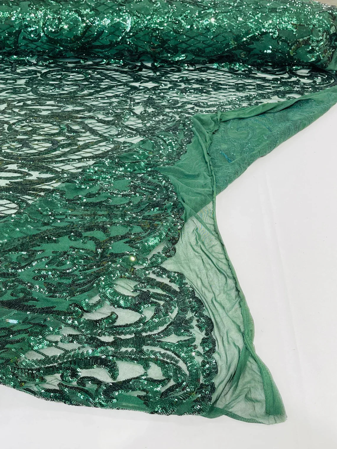 Heart Damask Sequins - Hunter Green - 4 Way Stretch Elegant Shiny Net Sequins Fabric By Yard