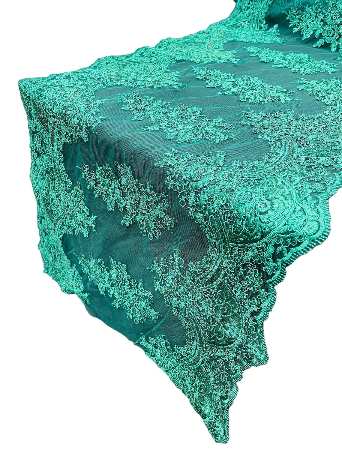 21" Floral Lace Metallic Design Table Runner - Hunter Green - Floral Runner for Event Decor Sold By The Yard